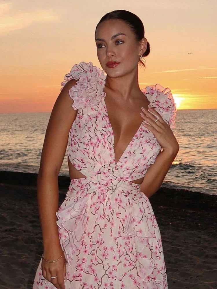 Lexi - Elegancka sukienka maxi bez pleców z falbanami