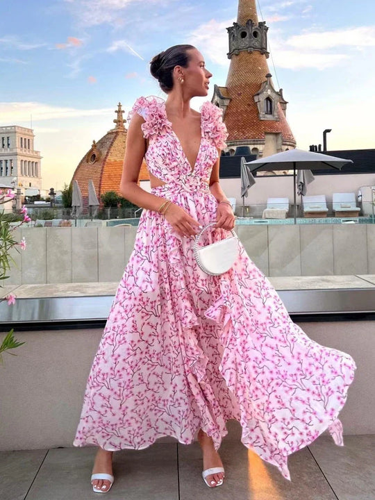 Lexi - Elegancka sukienka maxi bez pleców z falbanami