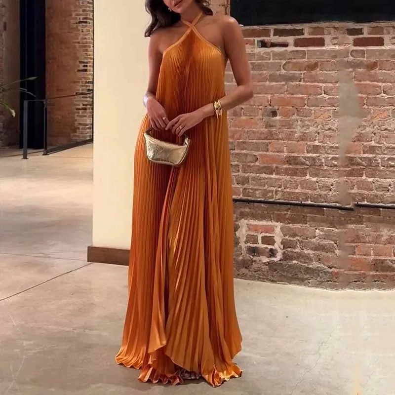 Kyla - Szykowna plisowana sukienka maxi z dekoltem w szpic